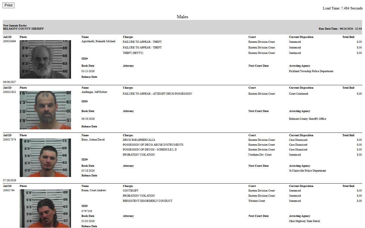Belmont County jail roster report with inmate population fields and booking photos