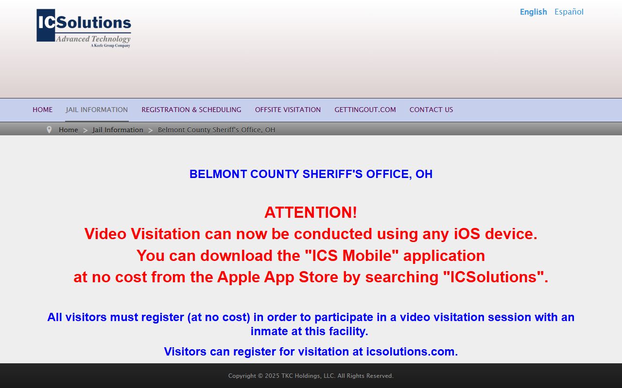 Belmont County inmate visitation registration page for ICSolutions video visits
