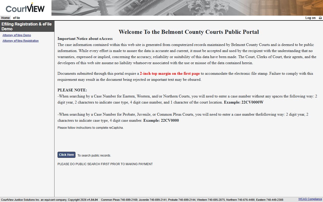 Belmont County CourtView eAccess court records after arrest search portal